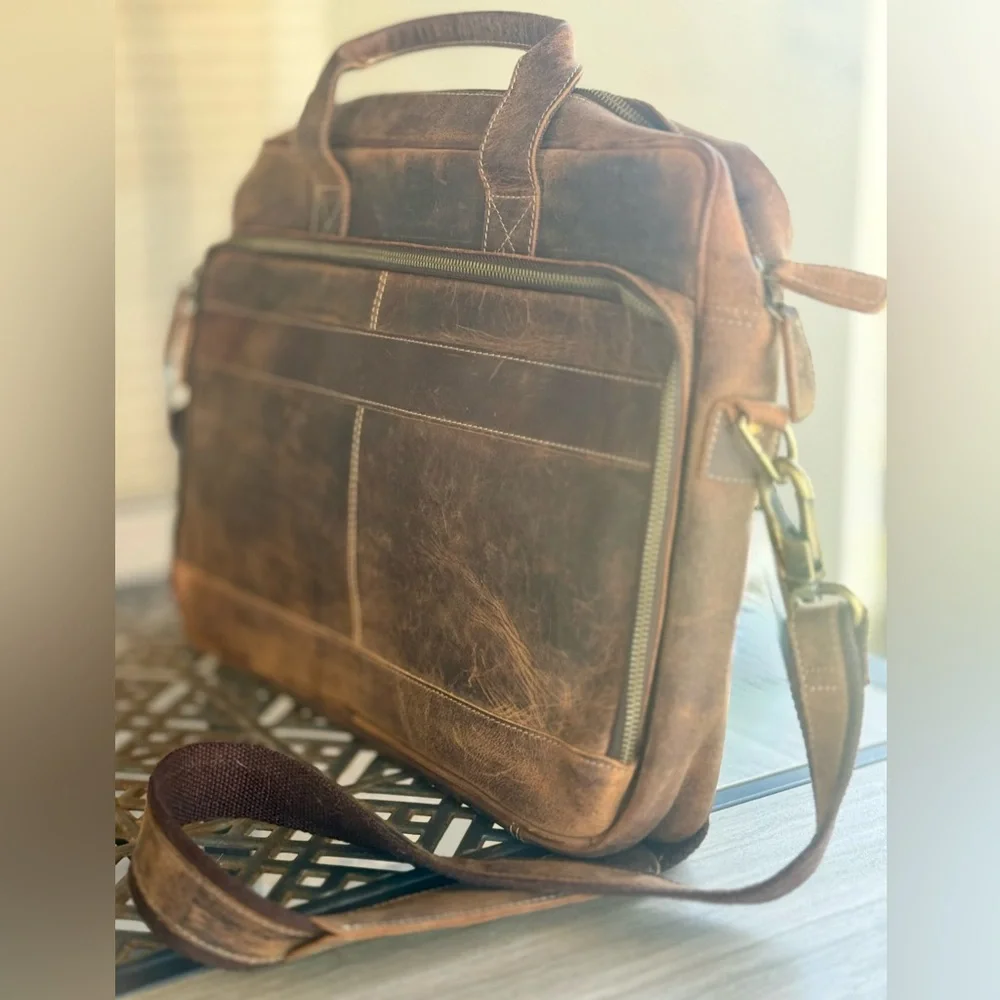 KomalC Leather Messenger Bag 18” Brown Distressed Laptop Bag Briefcase